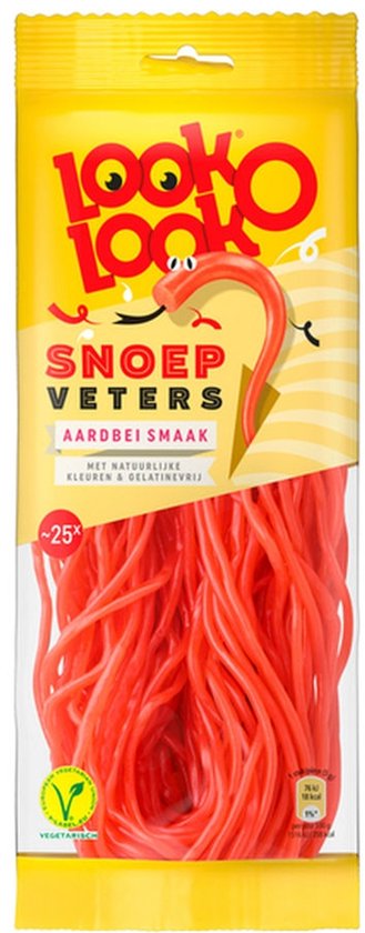 Geel verpakte Look-O-Look aardbei-snoepveters met rode veters, vegetarisch label en tekst: Aardbei smaak.