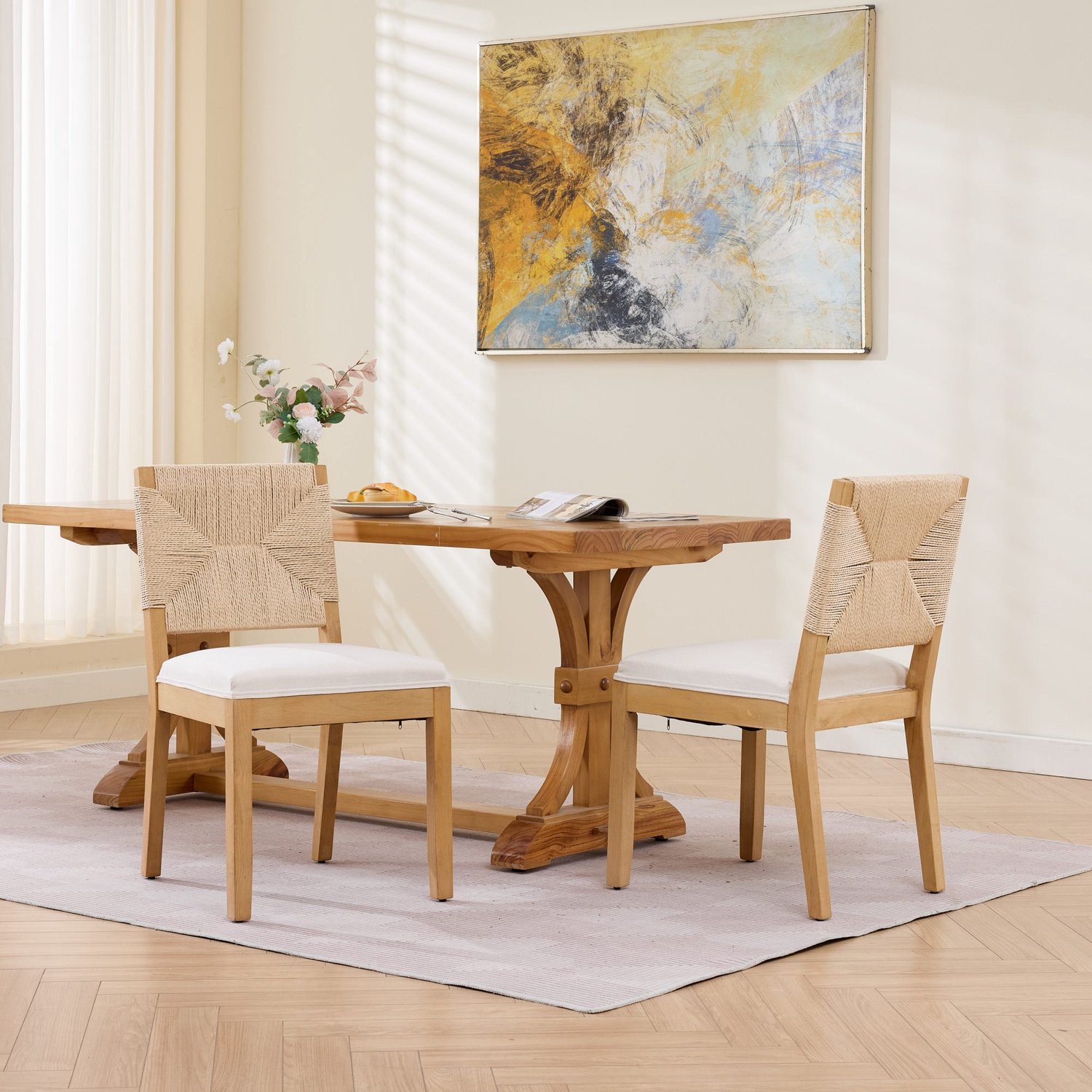 Clruro Eetkamerstoelen - Set van 2 - Rotan Rugleuning - Linnen/Massief Hout - Naturel/Beige