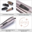 Overzicht van de 1000W föhnborstel-set: 4 opzetstukken, temperatuurregelaar en ionische anti-pluis technologie.