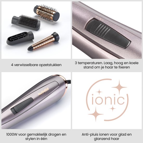 Overzicht van de 1000W föhnborstel-set: 4 opzetstukken, temperatuurregelaar en ionische anti-pluis technologie.