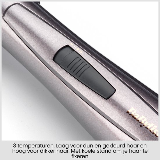 Grijze föhnborstel met instelbare schakelaar voor 3 standen: laag, hoog en koele lucht voor fixatie.