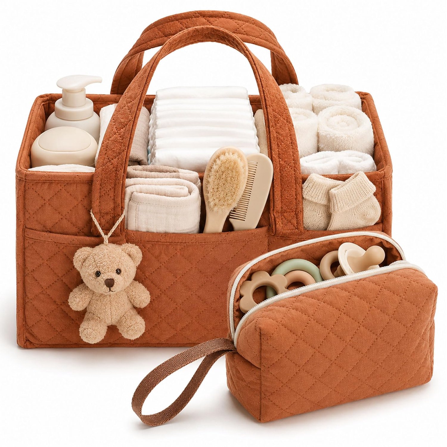 Namajunas - 2 Stusk Luiertas - Met Opbergtas - Uitneembare verdelers -Met handvat - Luiermand - Luiermandje - Speelgoedmand - Luiermand voor Babykameraccessoires - Luier Organizer - Opbergmand voor babyluiers en doekjes - Organizerr - Oranje