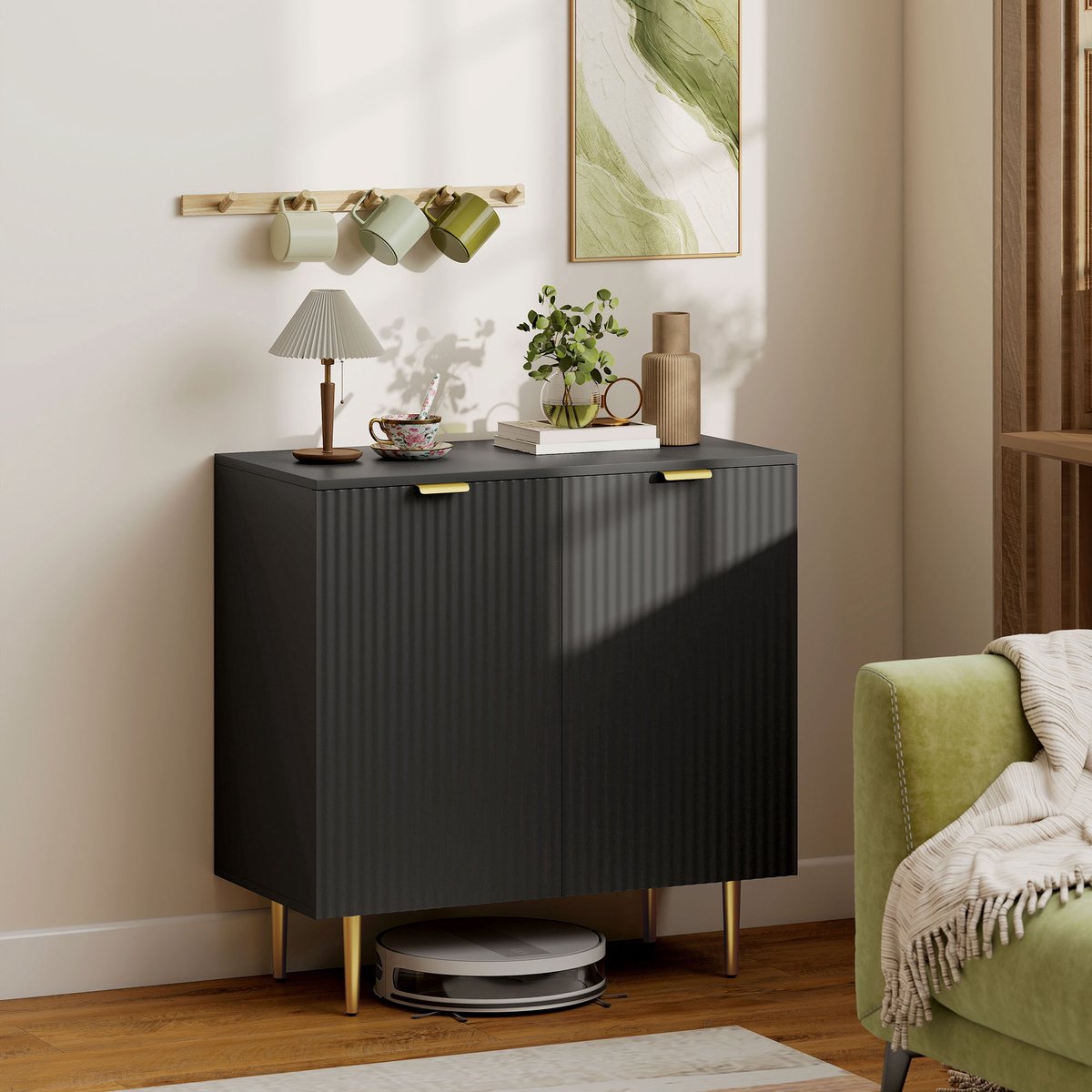AURA LUMEN-Buffetkast-Buffet Keukenmeubel met 2 Deuren-Verstelbare Plank & Metalen Poten-80x40x80 cm-Zwart