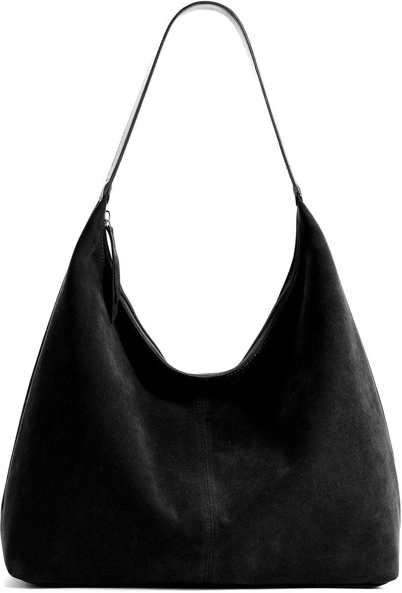 KALIDI Vintage Suède Tote Bag Vrouwen Hobo Rits Werk Tas Slouch Crescent Schouder Handtas voor Reizen Dagelijks, Zwart - ShopVlot