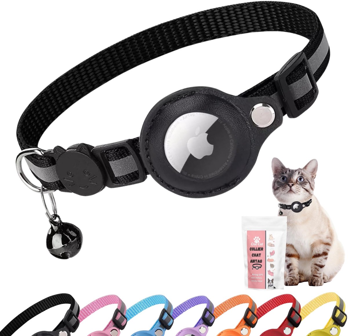 Croc-Cat Kattenhalsband compatibel met Apple AirTag, helpt je kat te lokaliseren, licht en comfortabel, maximale - ShopVlot
