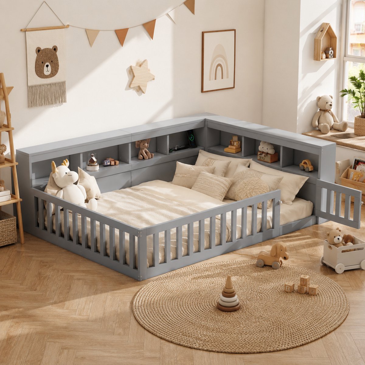 Welltin Kinderbed 140x190 cm - Tweepersoonsbed - Vloerbed - Grondbed - Multifunctioneel bed - Open opbergruimte - Met hoofdeinde - Met stopcontact en USB-poort - Met vangrail - Dennenhout - Ruimtebesparend - Snelle montage - Grijs