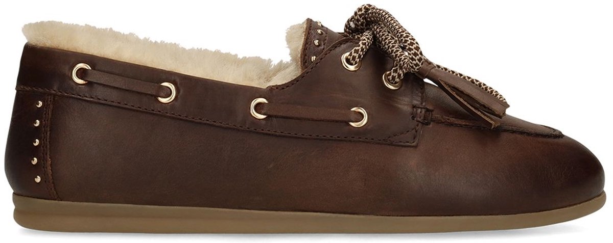 Manfield - Dames - Bruine leren bootschoenen met bontvoering - Maat 37