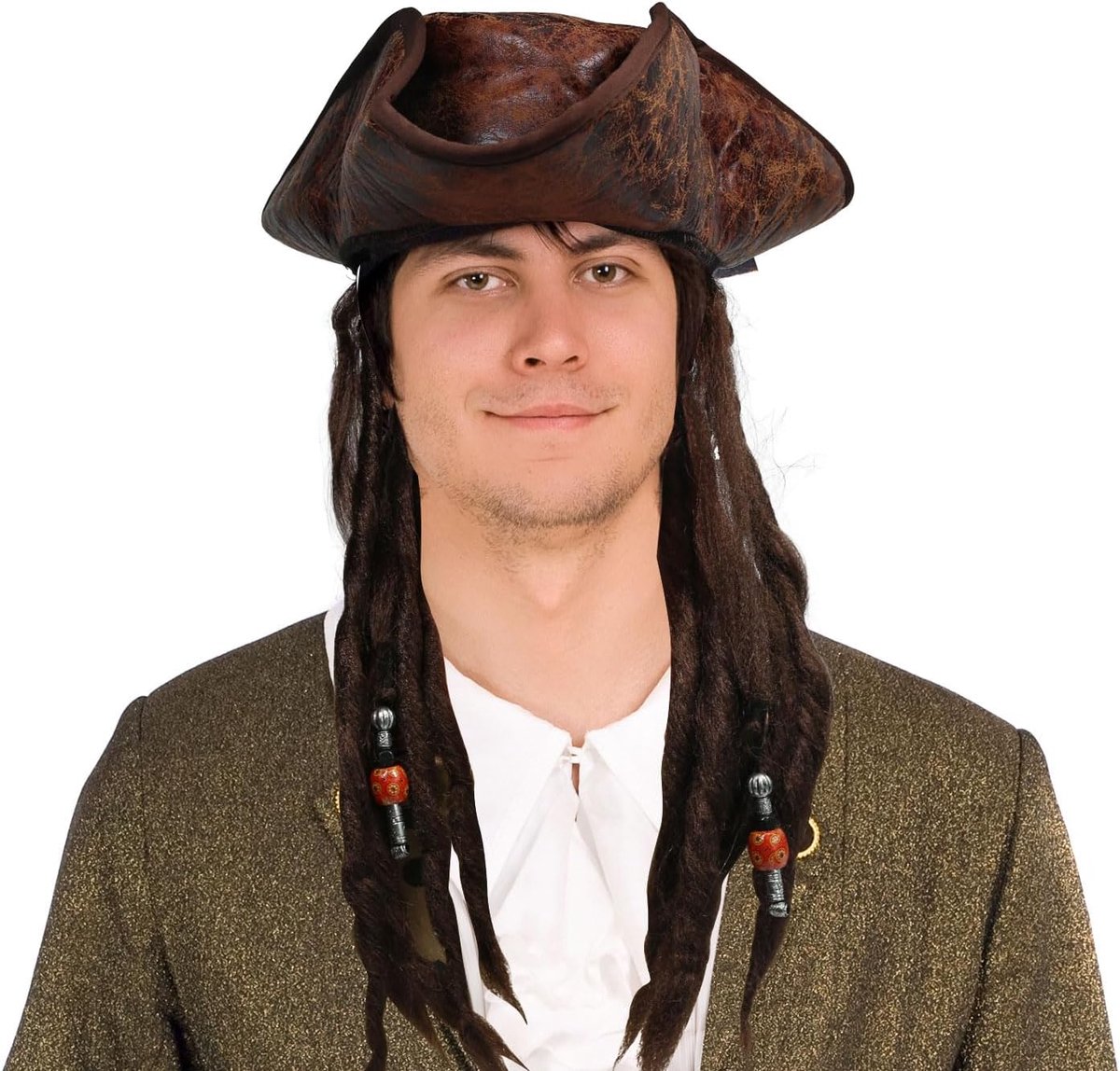 Piraten Driekante Hoed met Dreadlocks – Handgemaakte Nepleeren Kapiteinshoed voor Kostuums & Cosplay.