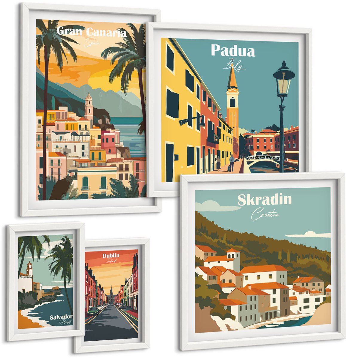 Coloray 5-Delige Schilderij Set - Europese Stadsgezichten En Pittoreske Uitzichten - 50 x 50 cm, 20 x 30 cm En 40 x 60 cm - Decoratieve Muurdecoratie - Slaapkamer - Decoratieve Schilderijen