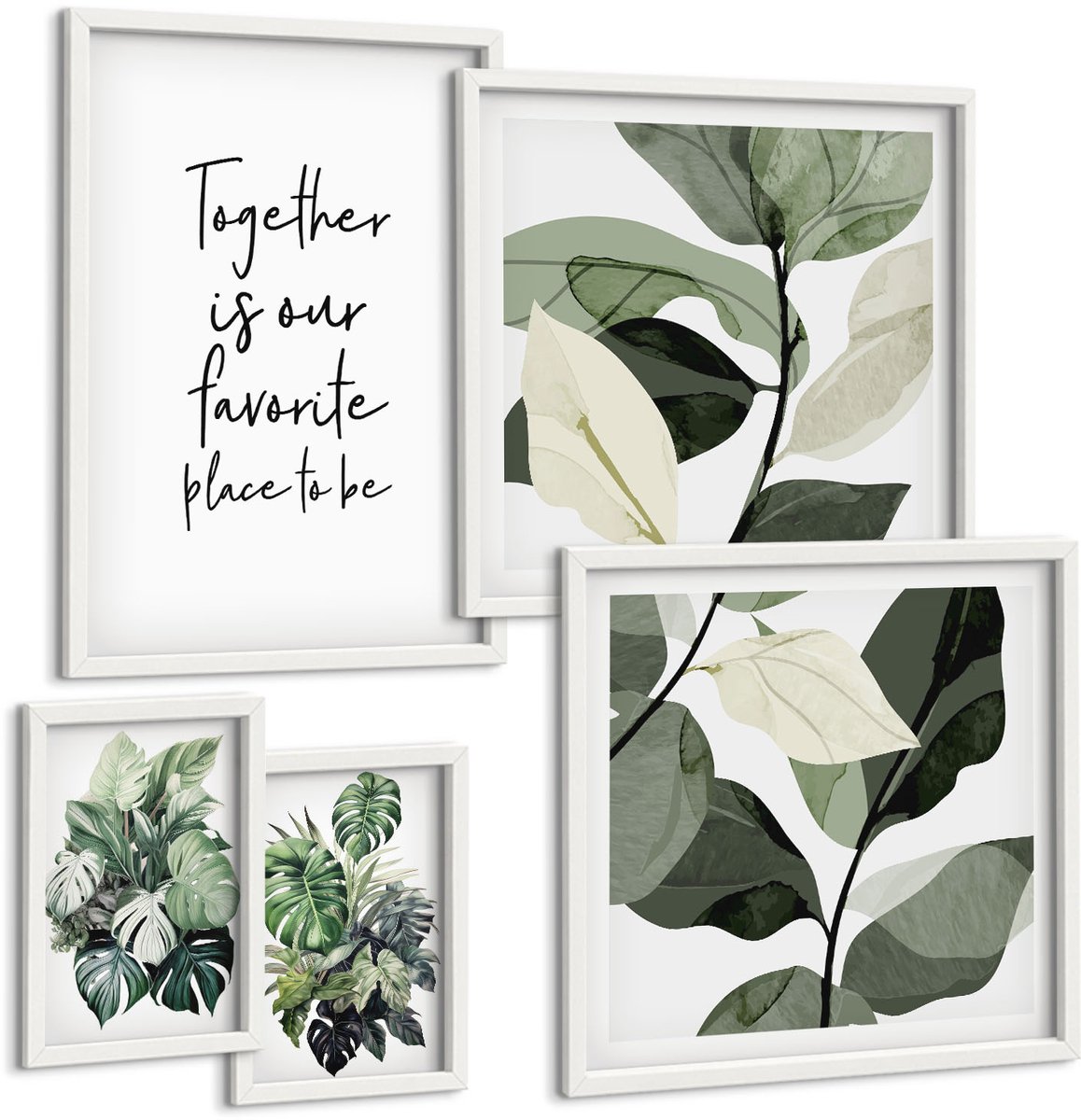 Coloray 5-Delige Schilderij Set - Planteninspiratie In Een Moderne En Minimalistische Stijl - 50 x 50 cm, 20 x 30 cm En 40 x 60 cm - Muurdecoratie - Schilderijen Set - Woonkamer - Stijlvolle Muurdecoratie