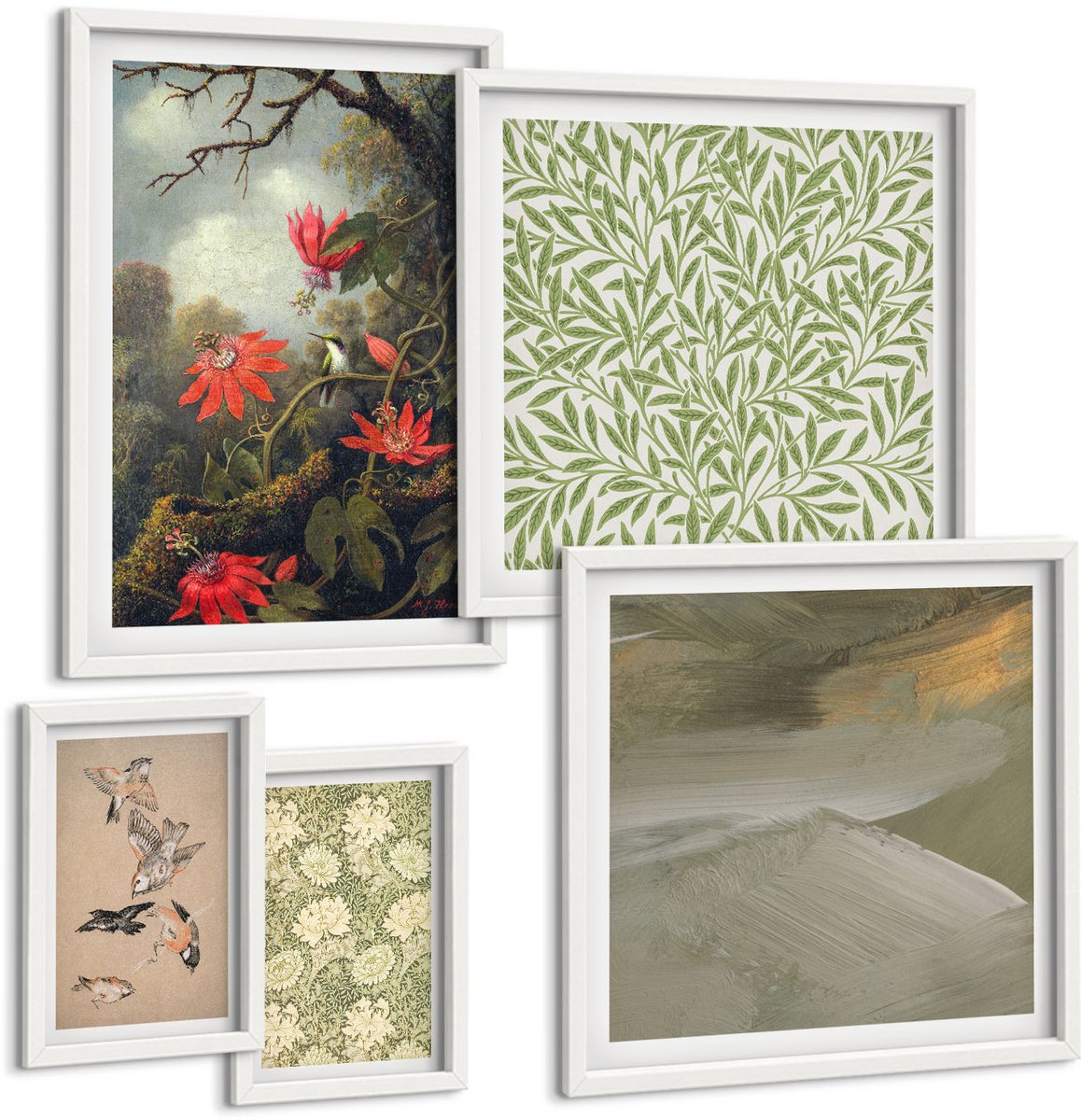 Coloray 5-Delige Schilderij Set - Bloemen En Vogels In Natuurlijke Decoratieve Motieven - 50 x 50 cm, 20 x 30 cm En 40 x 60 cm - Wanddecoratie - Muurdecoratie - Moderne Interieurdecoratie - Decoratieve Schilderijen