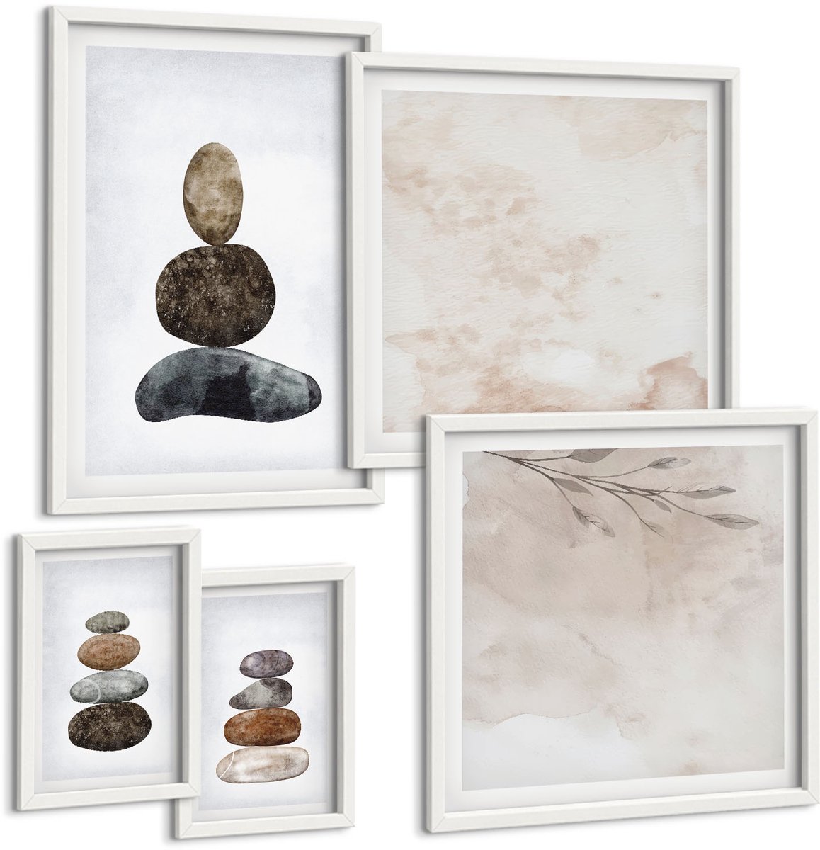 Coloray 5-Delige Schilderij Set - Minimalistisch Boho-Schilderij Van Steenstapels - 50 x 50 cm, 20 x 30 cm En 40 x 60 cm - Stijlvolle Muurdecoratie - Kantoor
