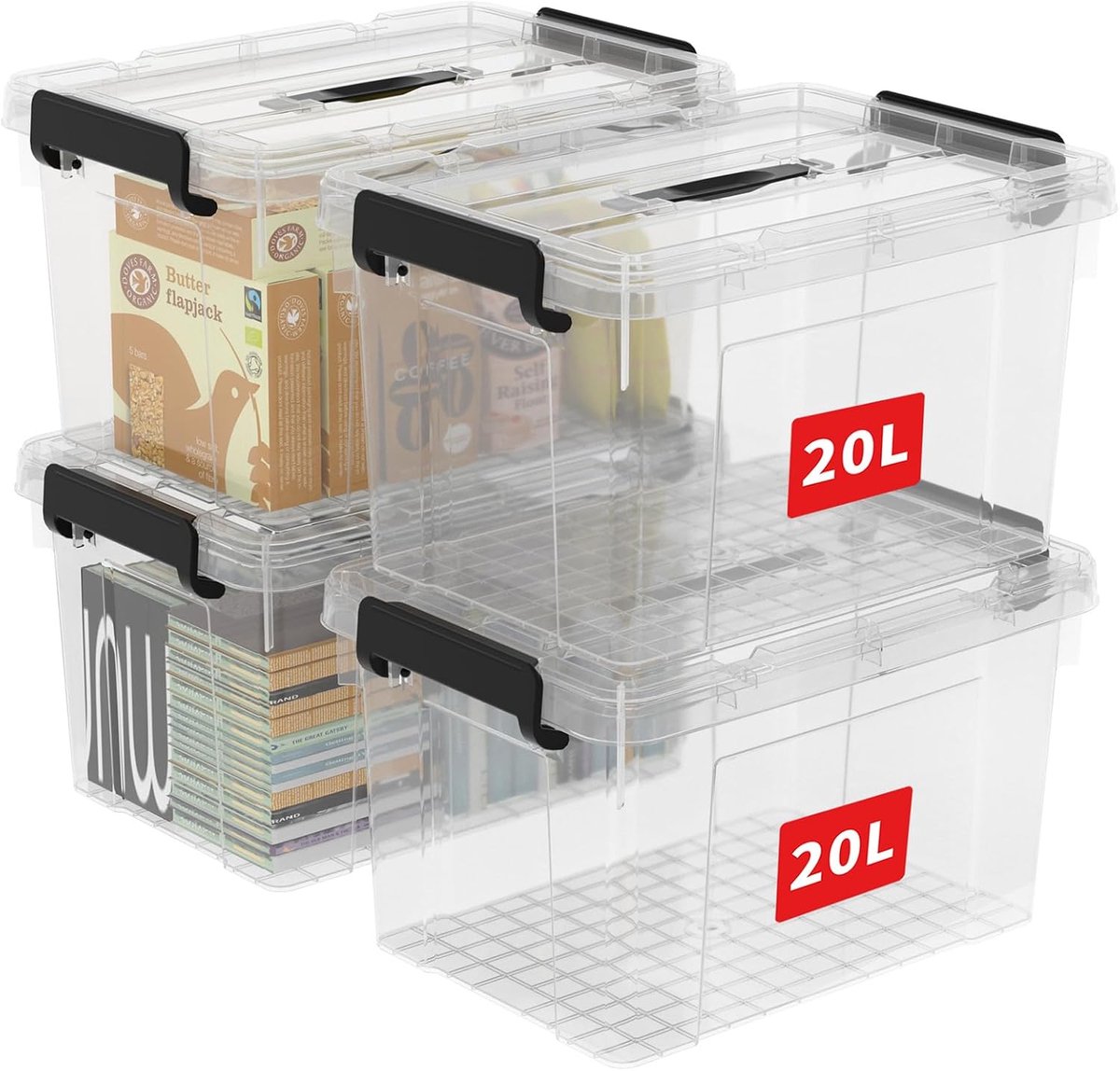 20L x 4 opbergdozen, plastic opbergdoos met deksels, organiserende container met handvat en veilige vergrendelende gespen, stapelbaar, nestbaar, draagtas voor thuiskantoor kleding, 20L-4Pack,