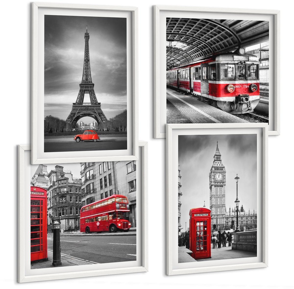 Coloray 4-Delige Schilderij Set - Rode Bussen In Het Stedelijk Landschap - 40 x 40 En 40 x 60 - Decoratieve Schilderijen - Wanddecoratie - Hal - Interieur Decoratie