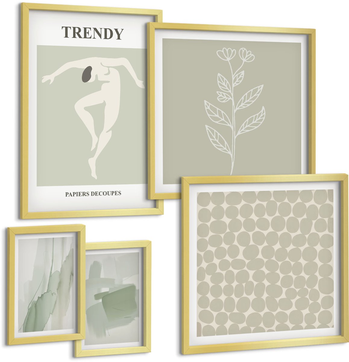 Coloray 5-Delige Schilderij Set - Stijlvolle Afbeeldingen In Groentinten Met Abstracte Motieven. - 50 x 50 cm, 20 x 30 cm En 40 x 60 cm - Decoratieve Schilderijen - Wanddecoratie - Hal - Interieur Decoratie
