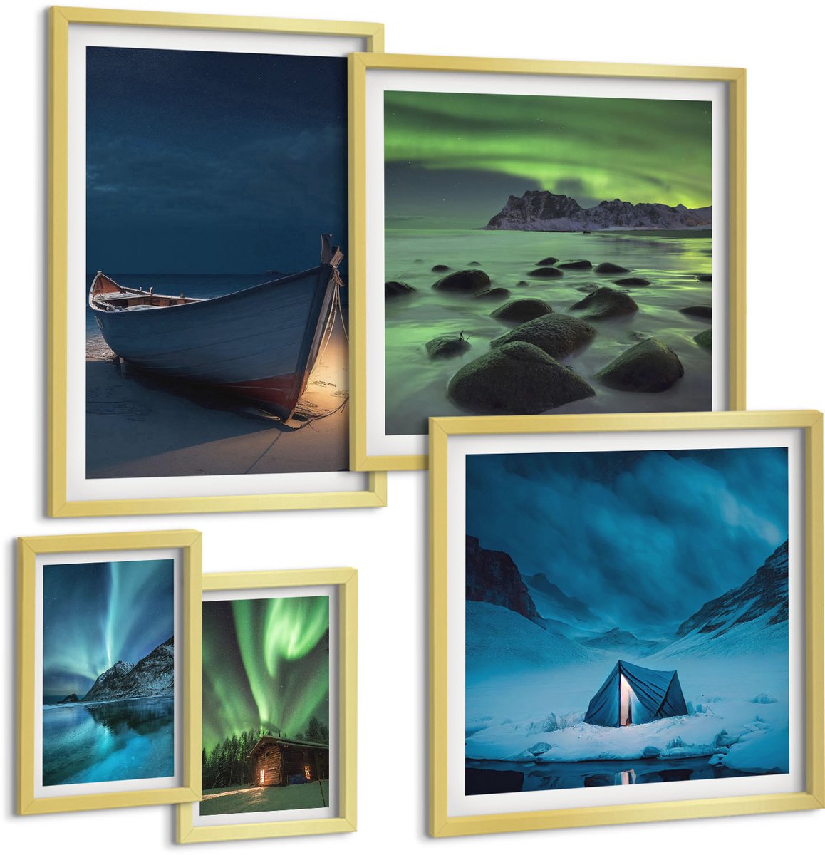 Coloray 5-Delige Schilderij Set - Winterlandschappen Met Noorderlicht En Nachtelijke Hemel - 50 x 50 cm, 20 x 30 cm En 40 x 60 cm - Wanddecoratie - Schilderijen Set - Kantoor