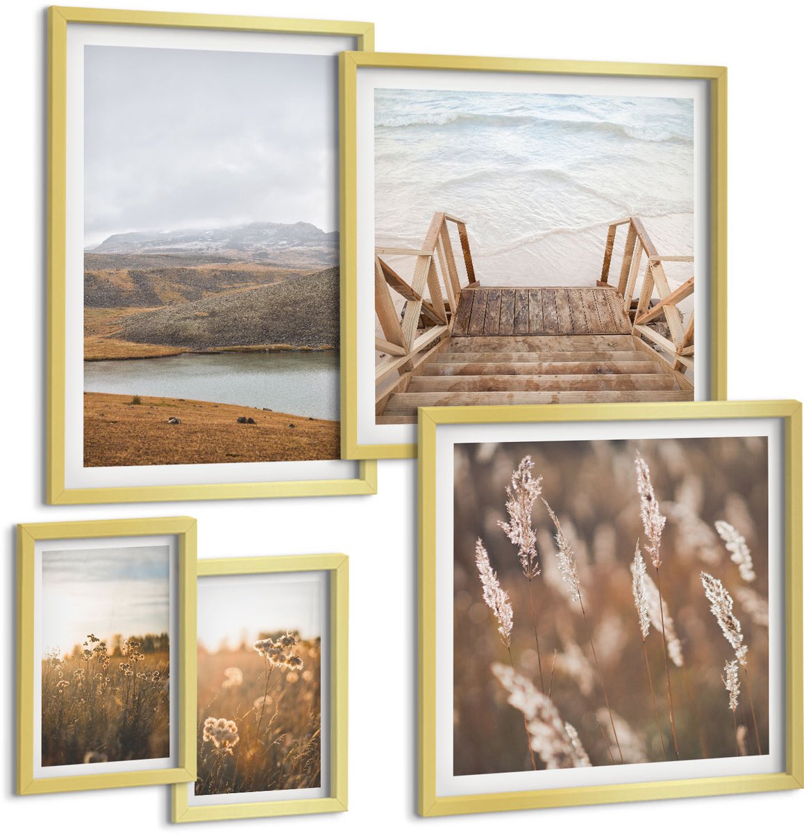 Coloray 5-Delige Schilderij Set - Natuurlandschappen Met Uitzicht Op Velden En Meren - 50 x 50 cm, 20 x 30 cm En 40 x 60 cm - Muurdecoratie - Interieur Decoratie