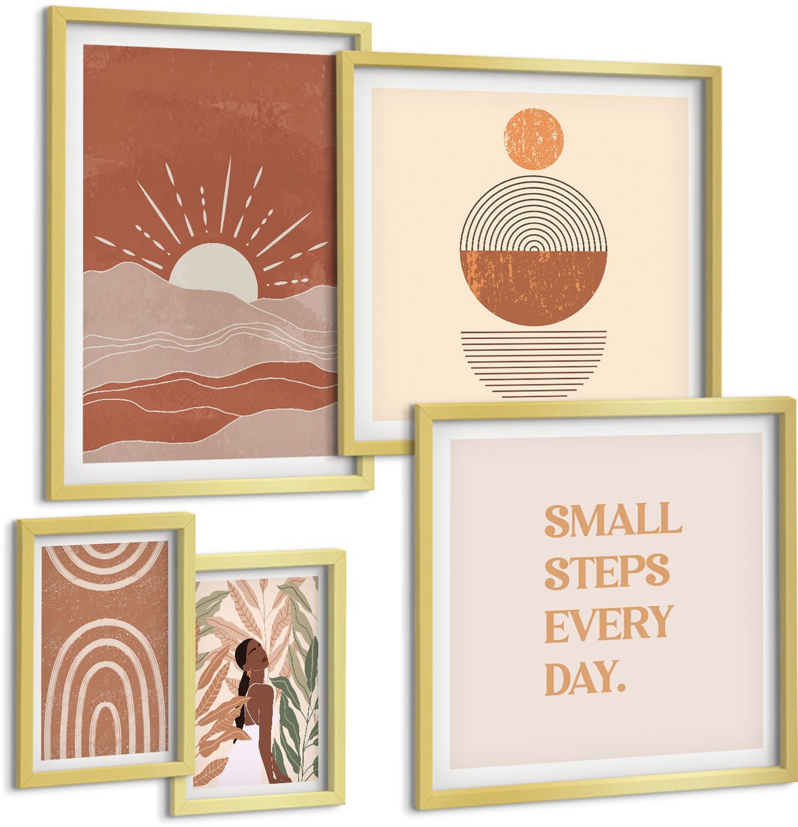 Coloray 5-Delige Schilderij Set - Boho-Stijl Met Natuurlijke Inspiratie En Positieve Slogans - 50 x 50 cm, 20 x 30 cm En 40 x 60 cm - Wanddecoratie - Woonkamer Decoratie