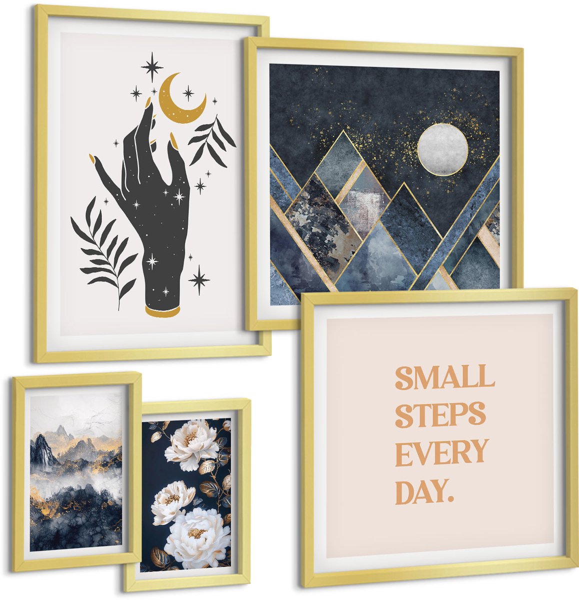 Coloray 5-Delige Schilderij Set - Boho-Stijl Geïnspireerd Door De Natuur En Positieve Boodschappen - 50 x 50 cm, 20 x 30 cm En 40 x 60 cm - Decoratieve Muurdecoratie - Slaapkamer - Moderne Wanddecoratie