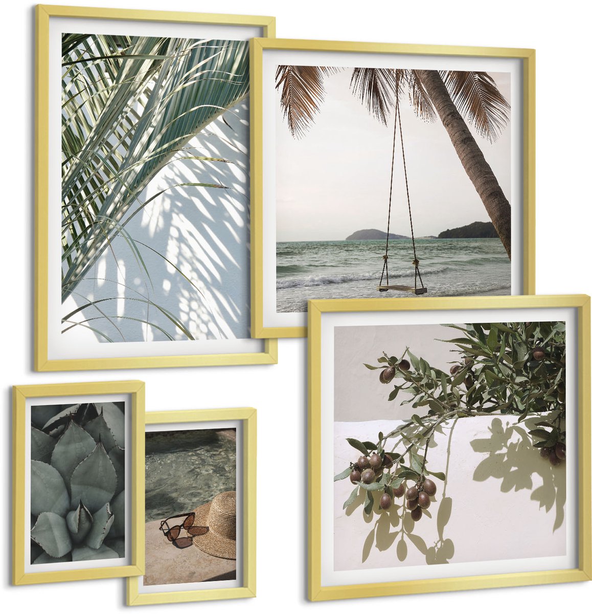 Coloray 5-Delige Schilderij Set - Tropische Inspiratie: Ontspan Tussen Planten En Water. - 50 x 50 cm, 20 x 30 cm En 40 x 60 cm - Decoratieve Muurdecoratie - Slaapkamer - Decoratieve Schilderijen