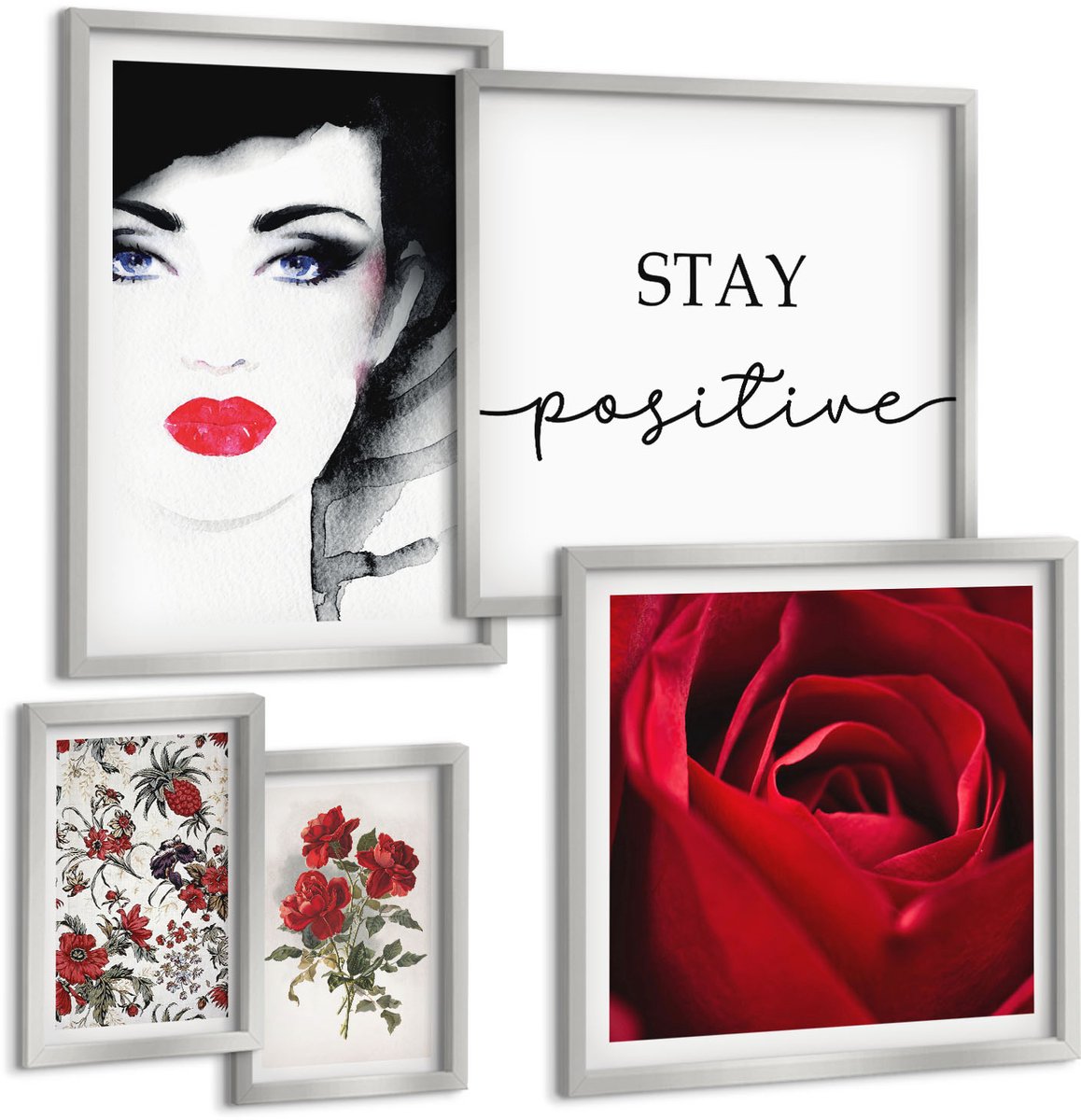 Coloray 5-Delige Schilderij Set - Vlinders, Bloemen En Rode Rozen In Een Klassieke Stijl. - 20 x 30 cm - Muurdecoratie - Wanddecoratie - Slaapkamer