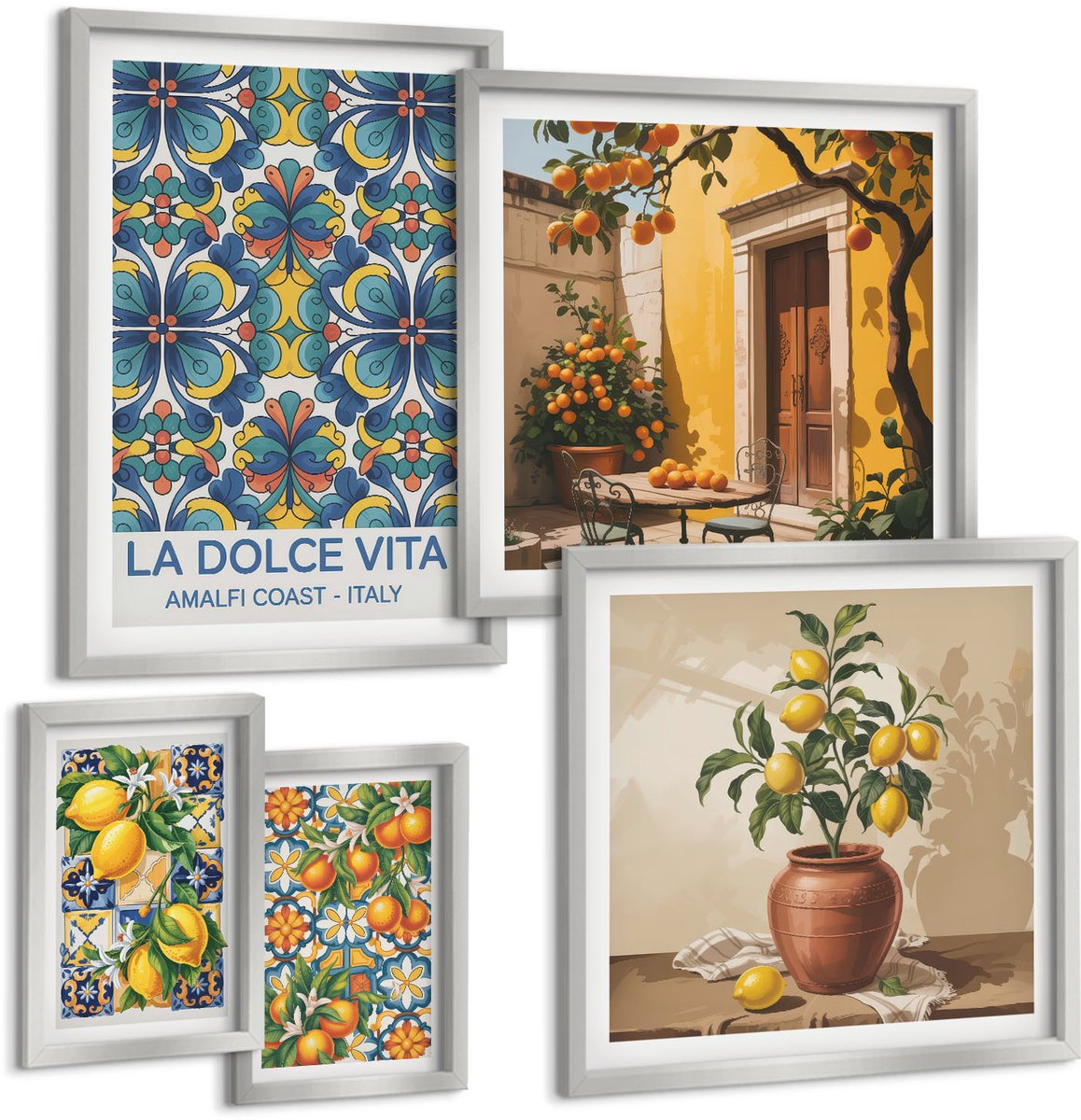 Coloray 5-Delige Schilderij Set - Citroenen, Bloemen En Sinaasappels In Italiaanse Stijl - 20 x 30 cm - Wanddecoratie - Muurdecoratie - Moderne Interieurdecoratie - Decoratieve Schilderijen