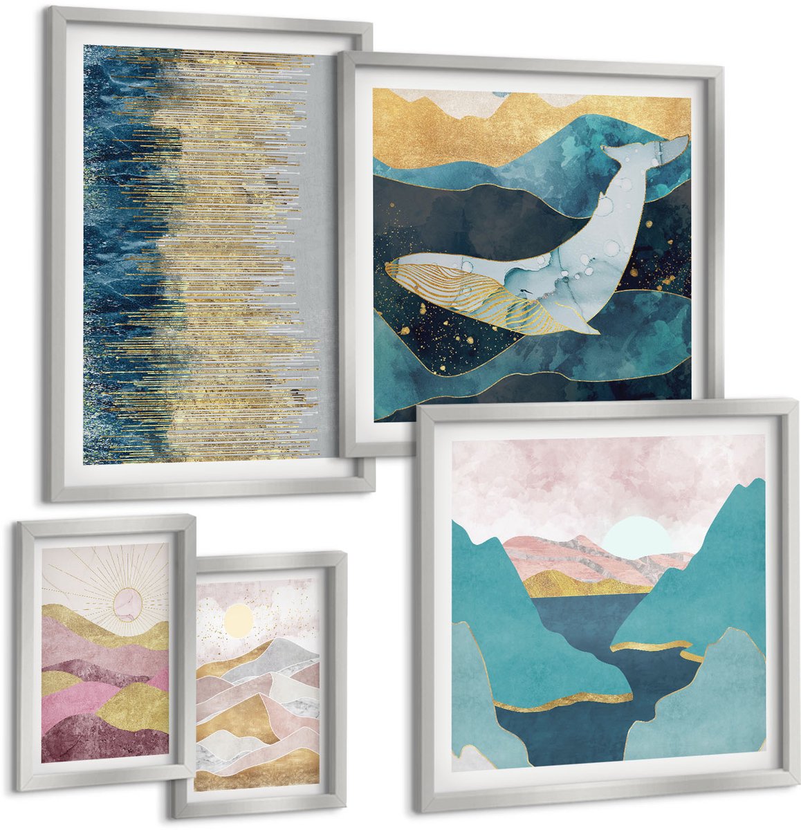 Coloray 5-Delige Schilderij Set - Abstracte Landschappen Met Bergen En Zon - 20 x 30 cm - Stijlvolle Wanddecoratie - Interieur - Decoratieve Schilderijen
