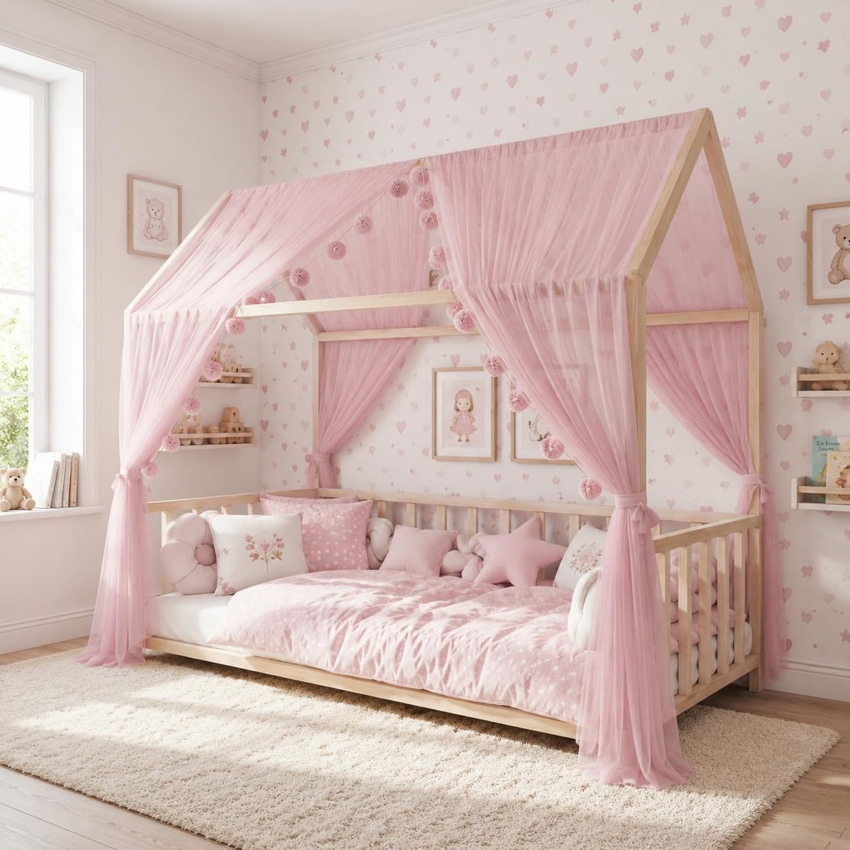 Roze hemelbed voor kinderbed - prinsessenkamer (hemelsroze, 340 cm)