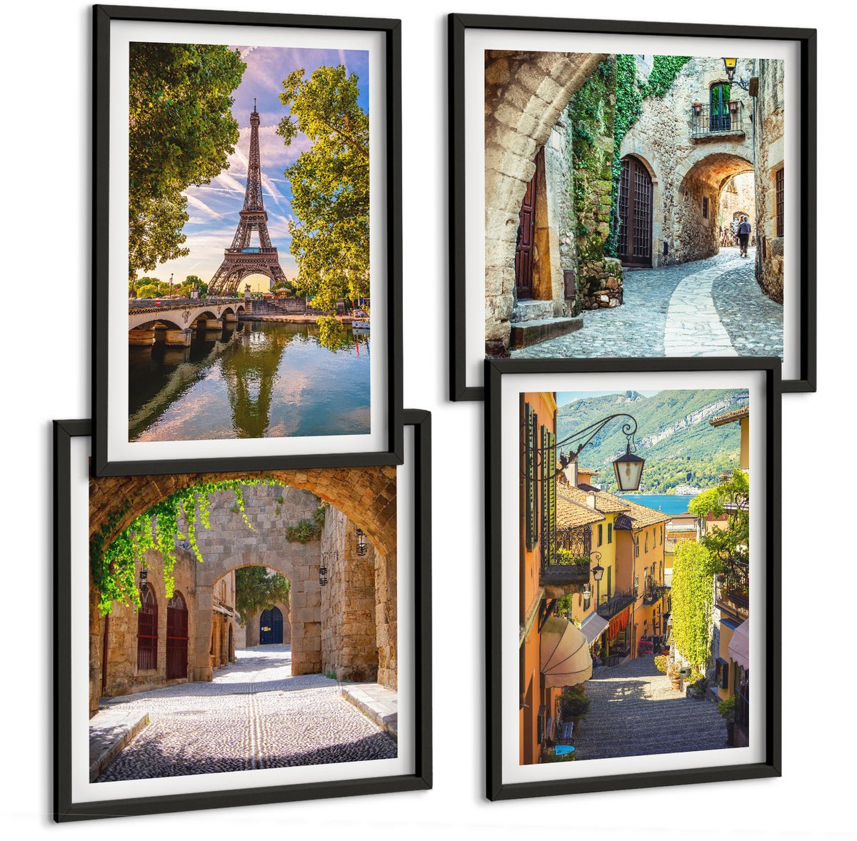Coloray 4-Delige Schilderij Set - Prachtige Straten, Historische Architectuur, Eiffeltoren - 40 x 40 cm En 40 x 60 cm - Stijlvolle Muurdecoratie - Slaapkamer Zwarte lijst