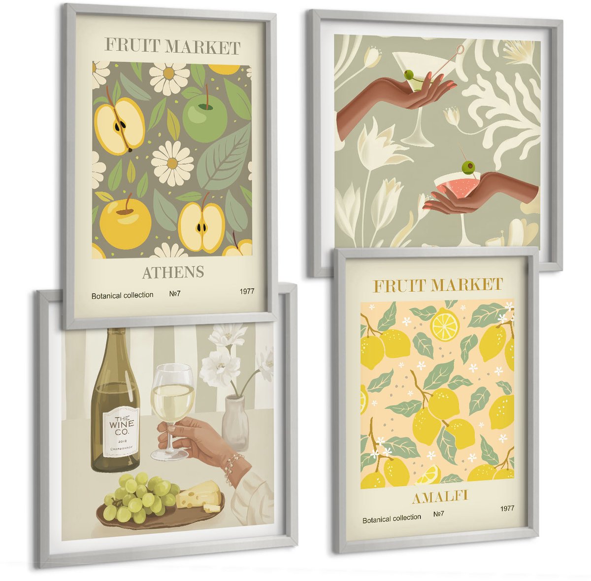 Coloray 4-Delige Schilderij Set - Posters Met Fruitpatronen En Italiaanse Wijn - 40 x 40 cm En 40 x 60 cm - Wanddecoratie - Moderne Interieurdecoratie - Interieur Decoratie
