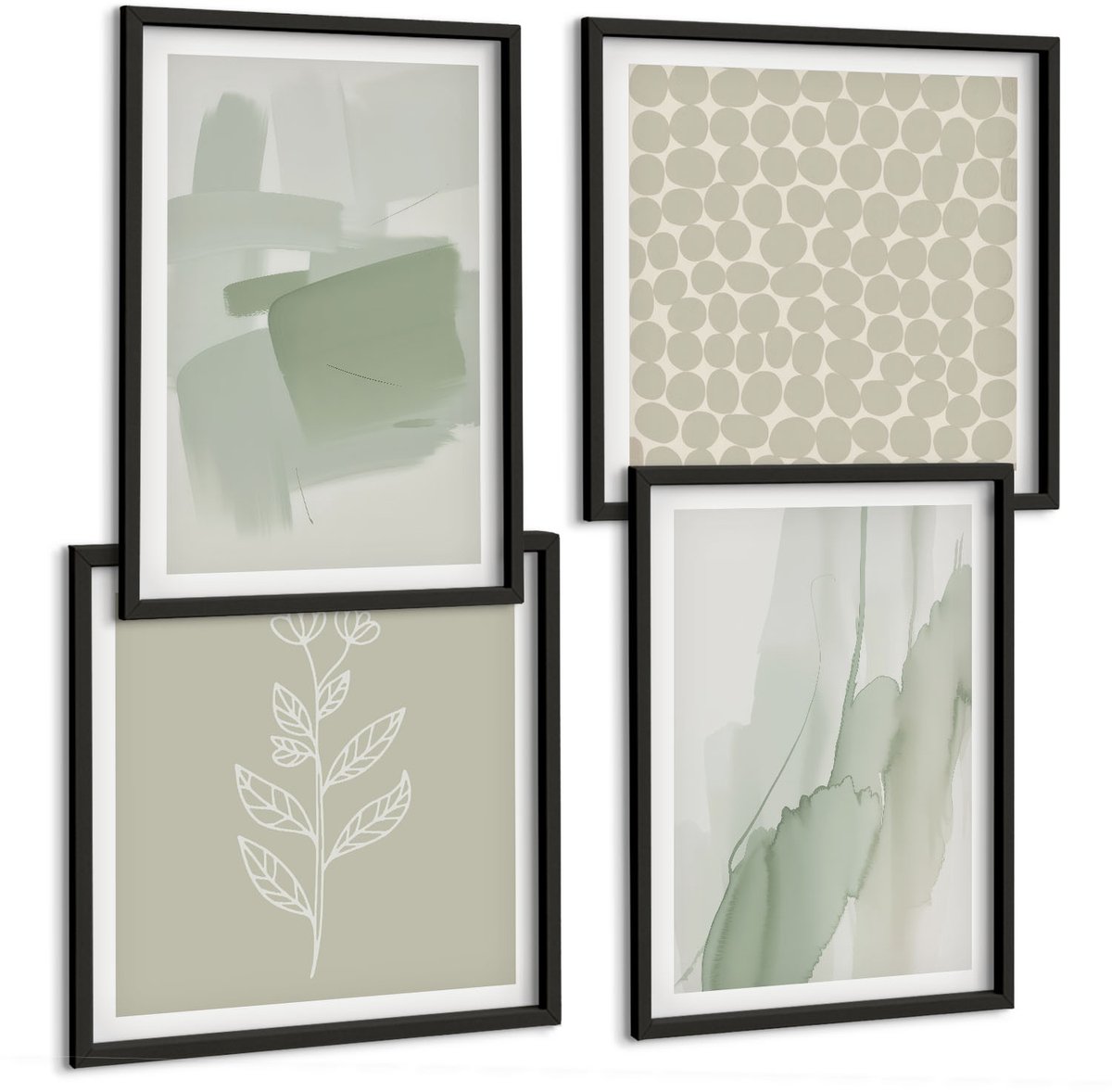 Coloray 4-Delige Schilderij Set - Abstracte Aquarelpatronen, Planten, Minimalisme - 40 x 40 cm En 40 x 60 cm - Wanddecoratie - Schilderijen Set - Interieur - Muurdecoratie Zwarte lijst