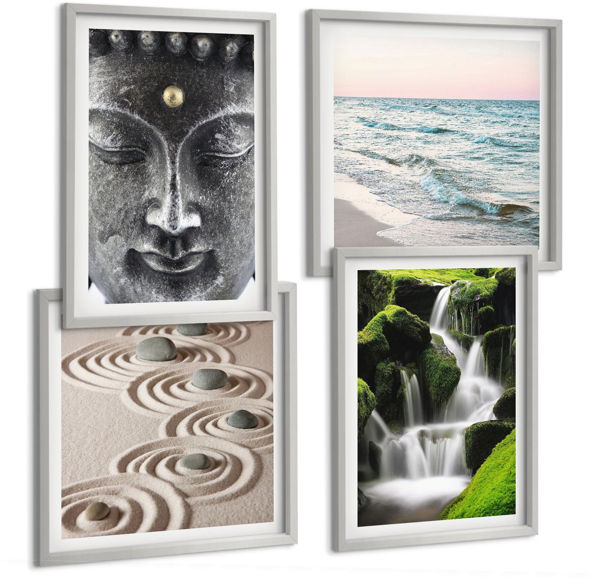 Coloray 4-Delige Schilderij Set - Rust Van De Natuur Met Stenen, Een Waterval En Een Boeddha. - 40 x 40 cm En 40 x 60 cm - Muurdecoratie - Interieur Decoratie - Stijlvolle Muurdecoratie