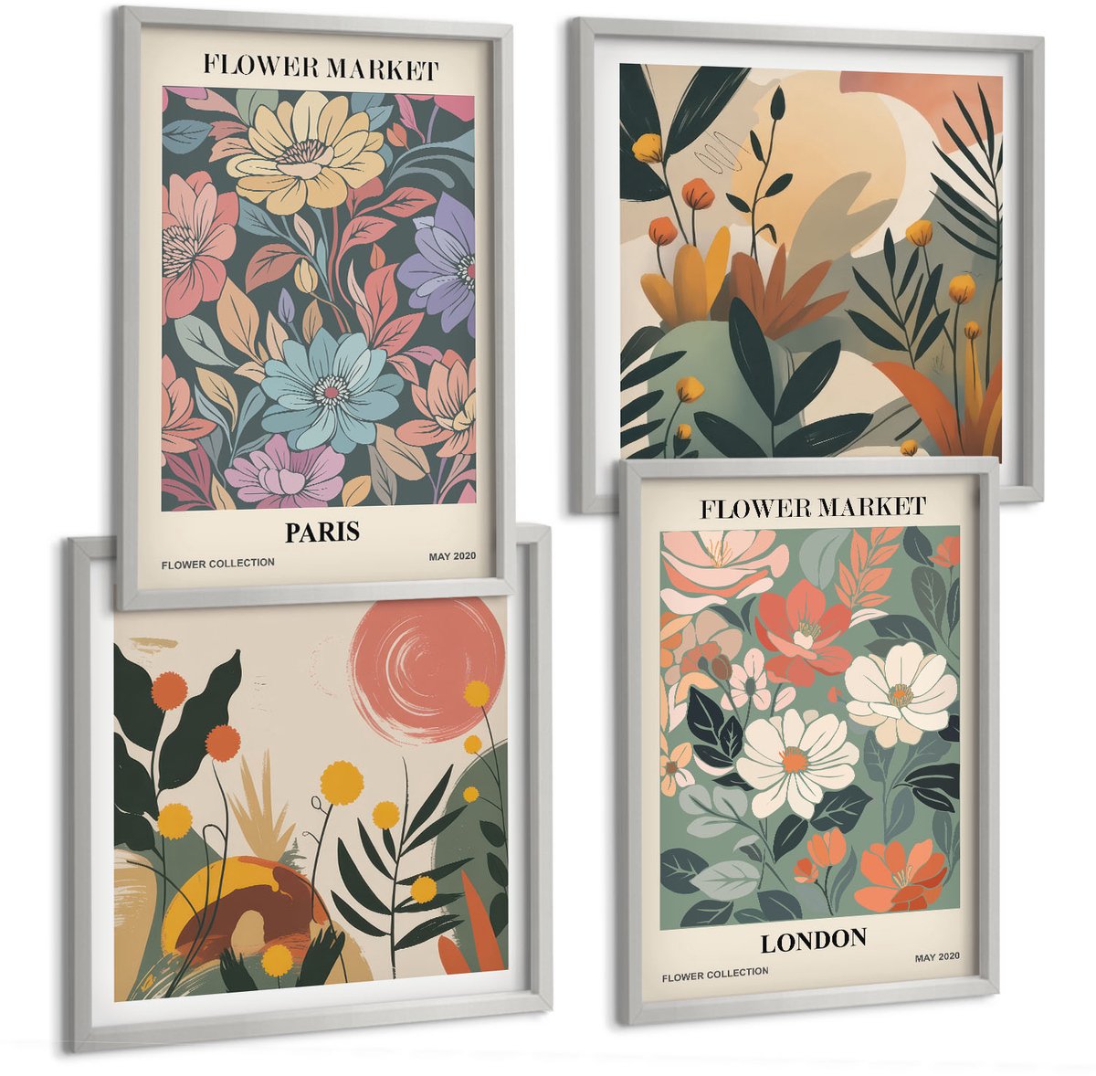 Coloray 4-Delige Schilderij Set - Bloemenposters Parijs Londen - 40 x 40 cm En 40 x 60 cm - Stijlvolle Muurdecoratie - Slaapkamer - Wanddecoratie