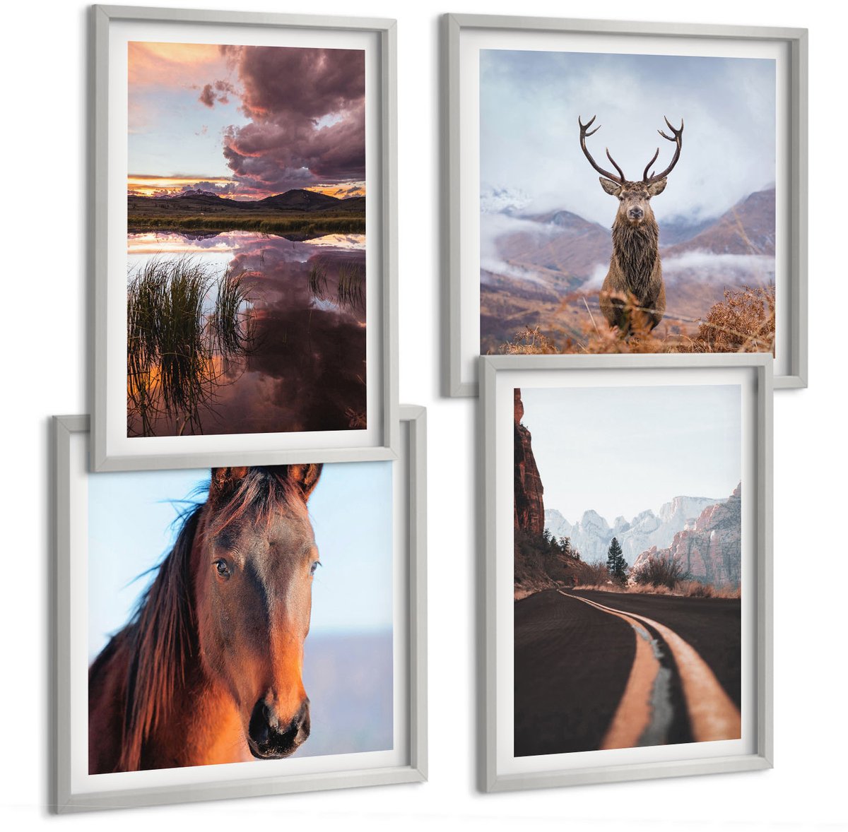 Coloray 4-Delige Schilderij Set - Berglandschap Met Rendieren, Paarden En Een Weg - 40 x 40 cm En 40 x 60 cm - Wanddecoratie - Muurdecoratie - Woonkamer - Stijlvolle Muurdecoratie
