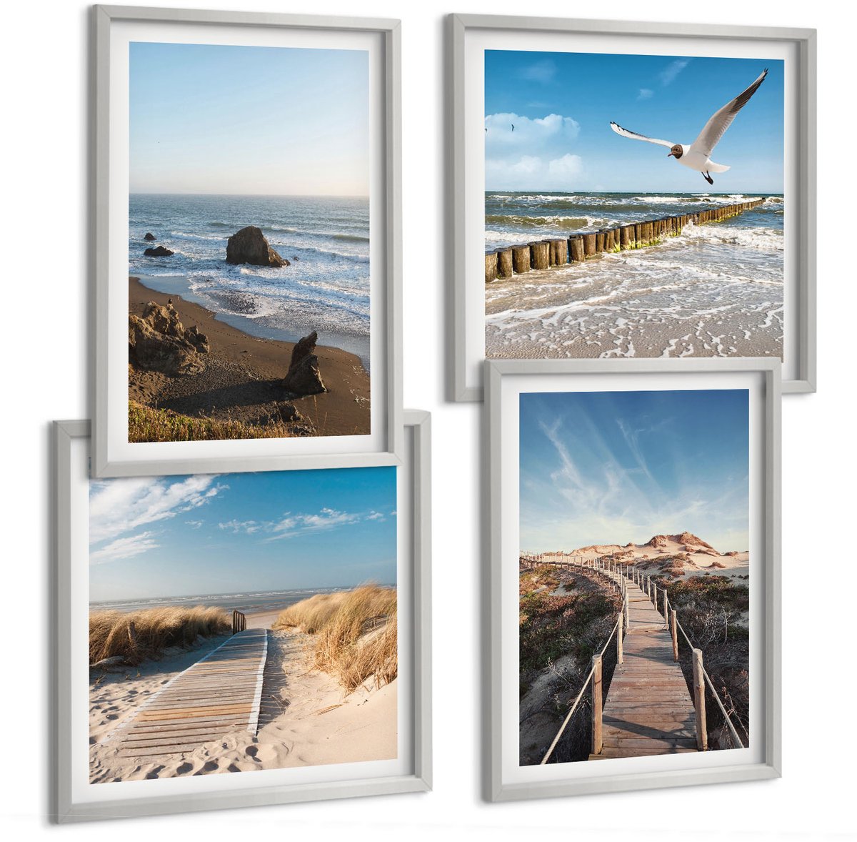 Coloray 4-Delige Schilderij Set - Uitzicht Op Het Strand Met Golven, De Lucht En Een Wandelpier. - 40 x 40 cm En 40 x 60 cm - Muurdecoratie - Interieur Decoratie - Moderne Wanddecoratie