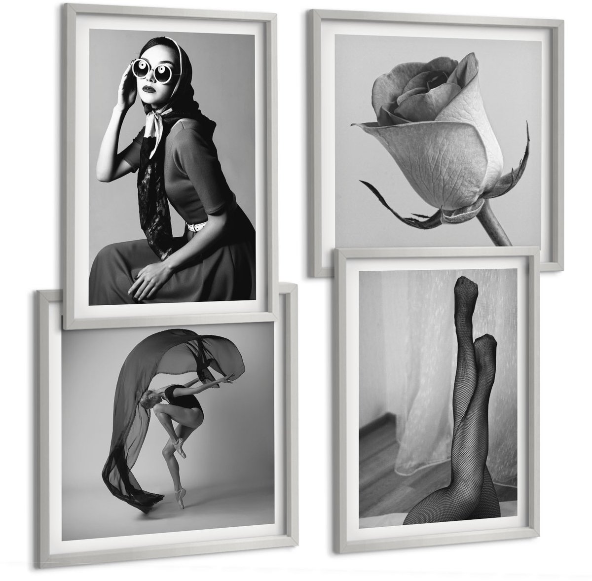Coloray 4-Delige Schilderij Set - Stijlvolle Zwart-Witportretten Van Vrouwen In Elegante Poses - 40 x 40 cm En 40 x 60 cm - Wanddecoratie - Schilderijen Set - Kantoor - Moderne Wanddecoratie