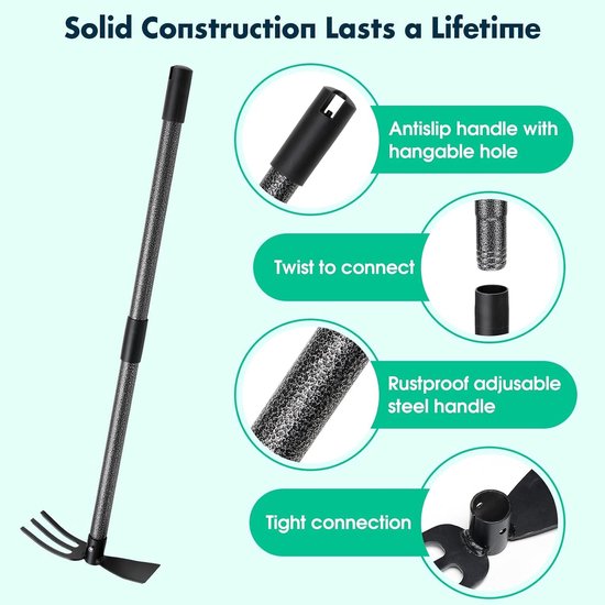 Tuinhak met 45 inch drietands, stalen tweekoppige hak voor tuinverzorging en onkruid wieden dubbele hak — afbeelding 3