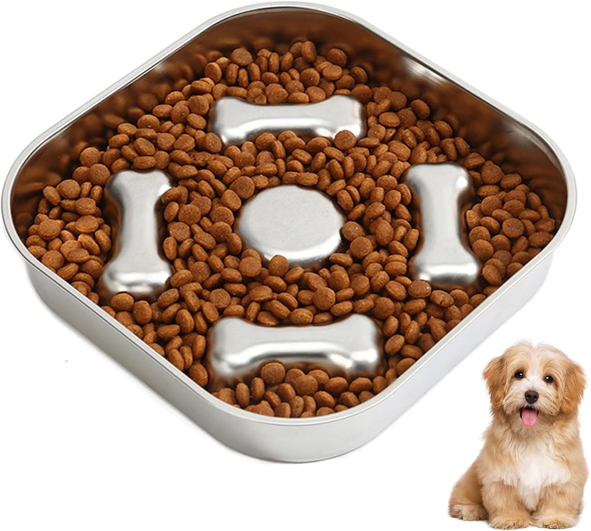 Voedingsbak voor honden en katten, roestvrij staal, anti-slikken, gezonde voeding, 21 x 21 cm