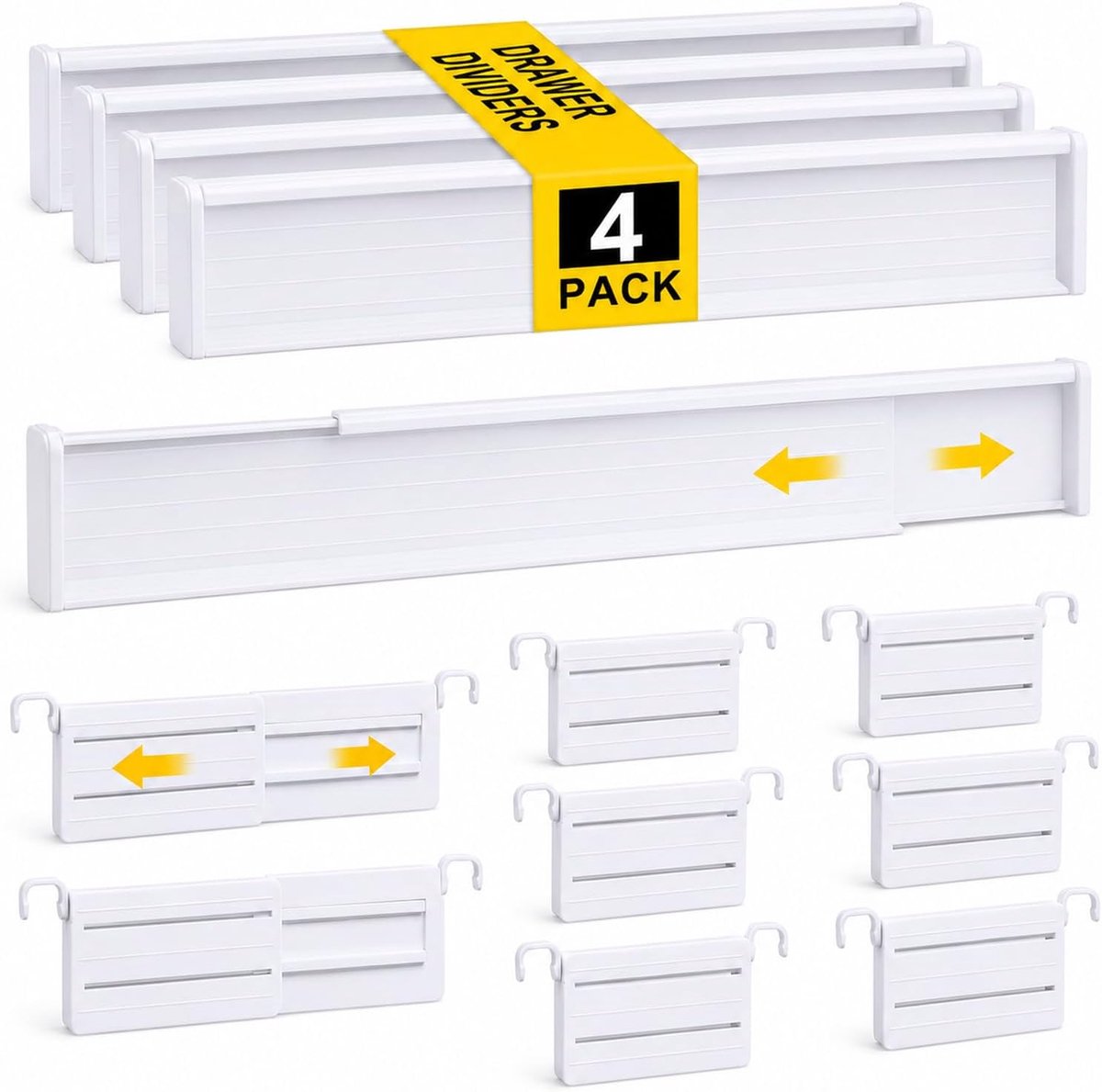 Set van 4 kunststof ladeverdelers voor laden met een binnenlengte van 34-59 cm en een hoogte van >7 cm, verstelbare ladeverdelers voor kledingkasten, slaapkamers, commodes, keukens en kantoren