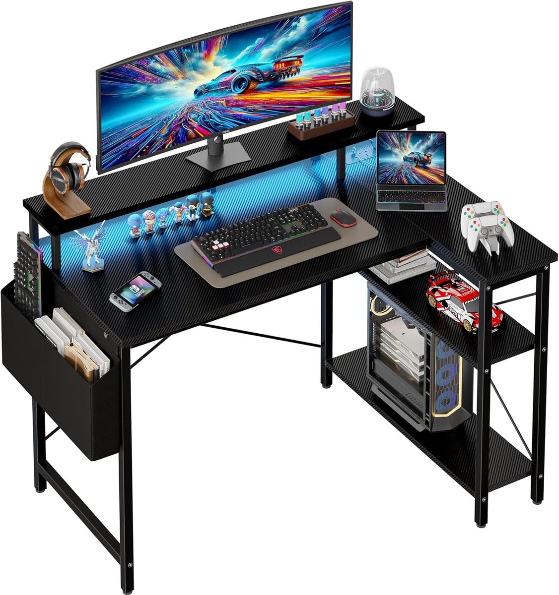L-vormig bureau met ledverlichting en stopcontacten, 100 cm gamingbureau met 2 planken, computertafel met monitorstandaard, pc-werkplek voor thuiskantoor, carbon zwart