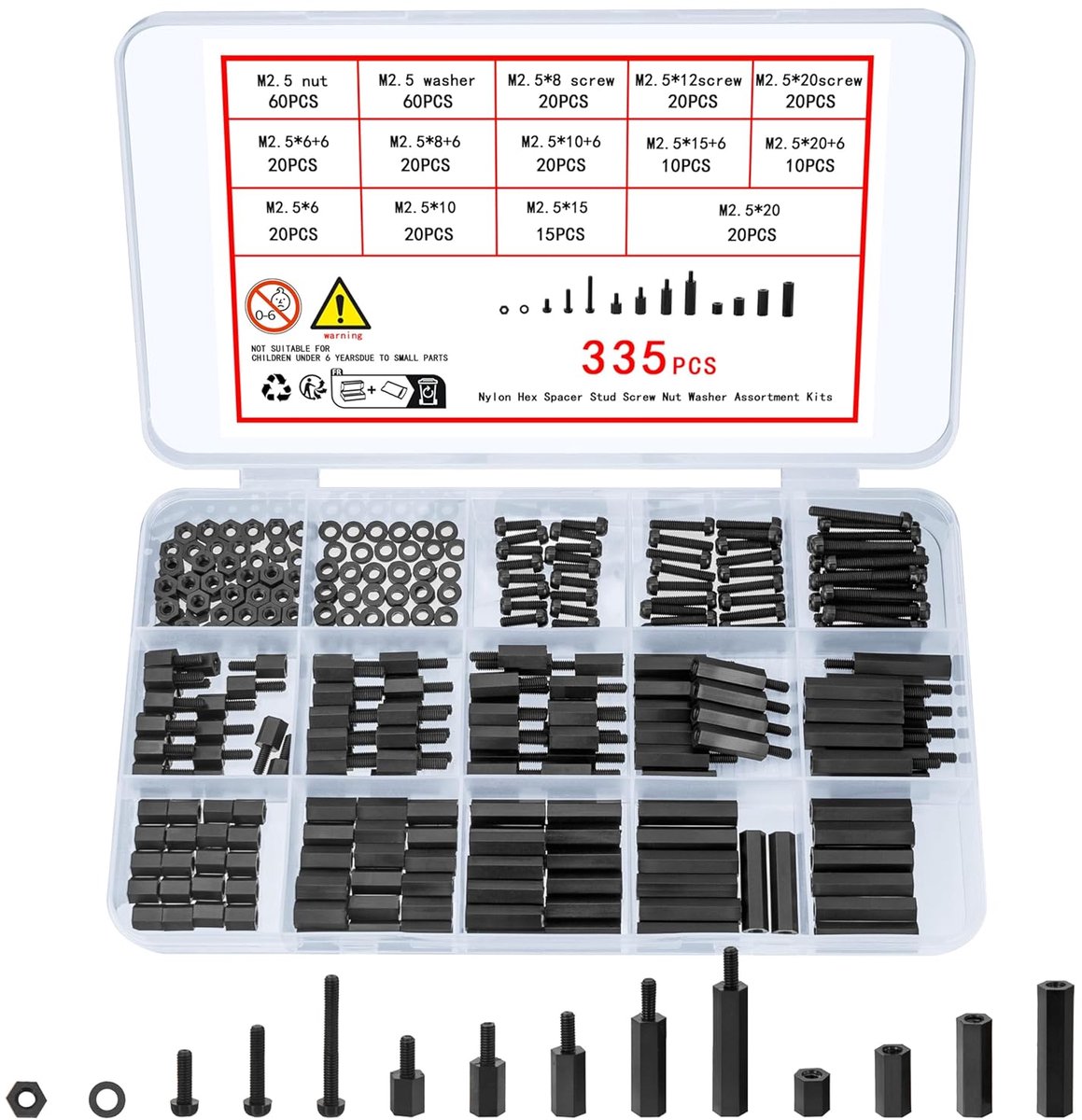 335 stuks M2,5 nylon schroevenset, zwart nylon afstandhouders, schroefmoeren, mannelijke vrouwelijke PCB-printplaten, afstandhouders, kunststof, kruiskopschroeven, assortimentskit