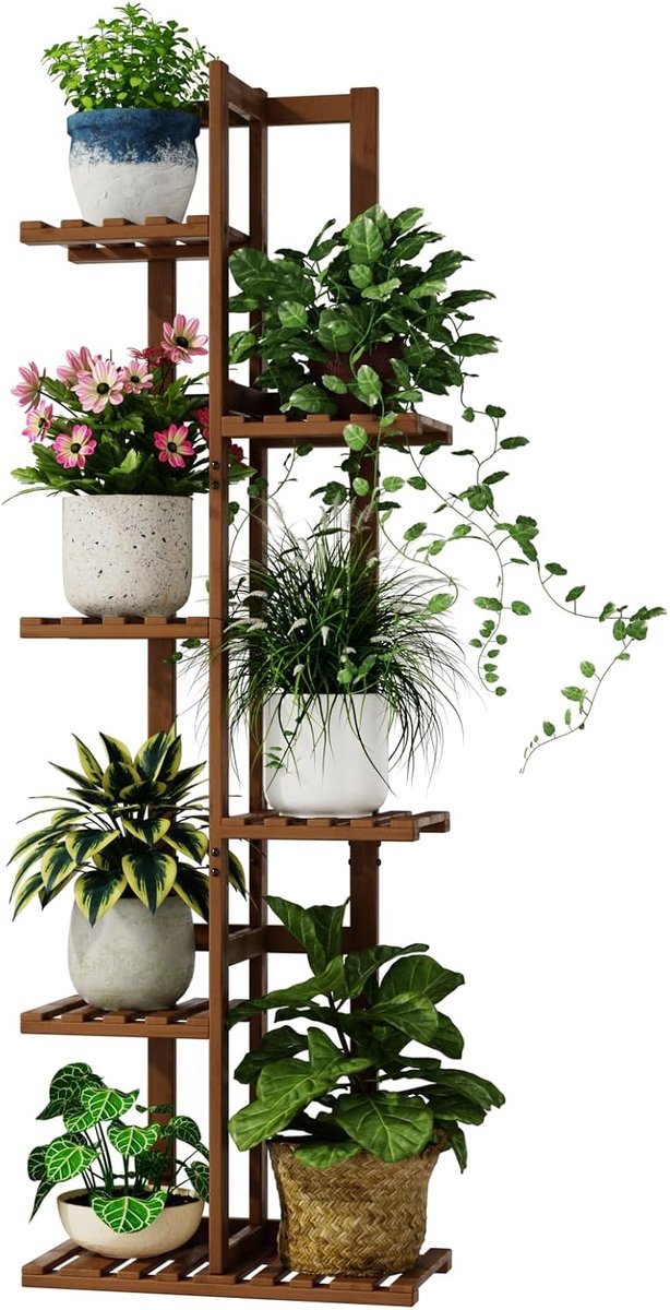 Plantenthyllia 6 Niveaus, Bamboe planken Huis Bloemenrek Metaal Balkon Buiten Tuin Woonkamer Slaapkamer (Te Bruin)