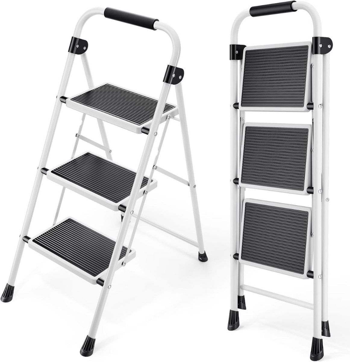 SP® Huishoudtrap - Huishoudladder Inklapbaar - Huishoudtrap 3-treden - Wit/Zwart - 65cm x 40cm x 90cm