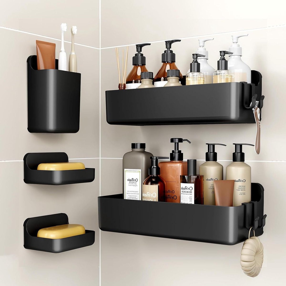 Doucherekken Set - Badkamer Organizer - Opruimen en Drogen - Installatie zonder Boren - 5 Delig - Zwart