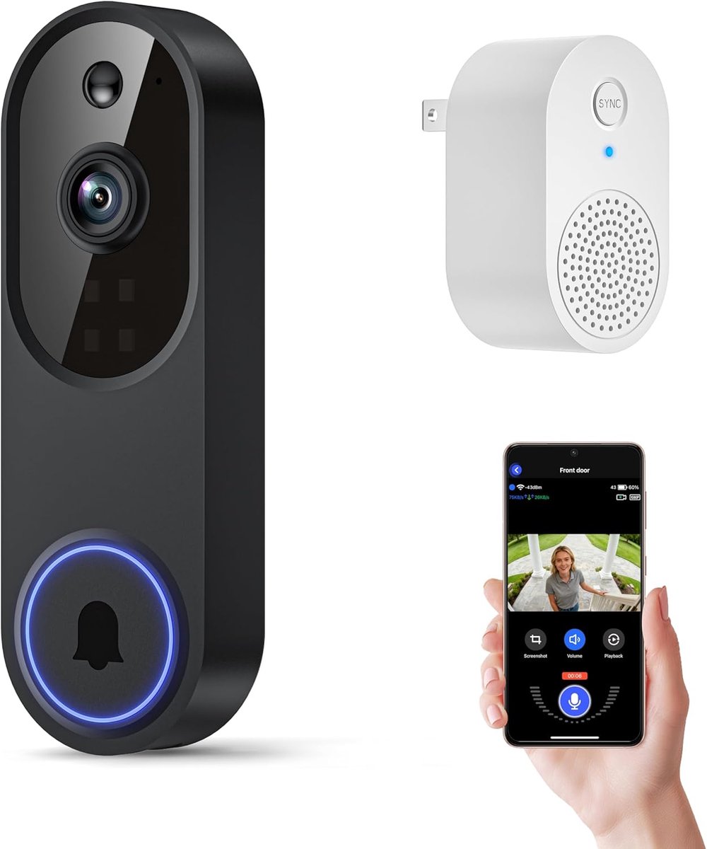 Namajunas - Draadloze deurbelcamera - Video-intercom - Draadloze wifi-videodeurbelcamera, 1080p-resolutie, ondersteunt tweewegsaudio, nachtzicht, cloudopslag en intelligente AI-bewegingsdetectie; ondersteunt alleen 2,4 GHz wifi. Zwart.