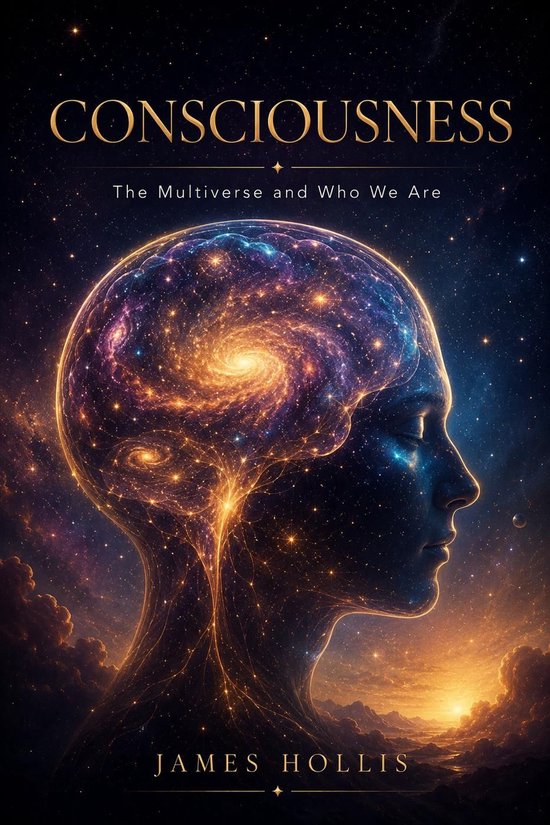 Boek 'Consciousness: The Multiverse and Who We Are' met een afbeelding van een profiel van een hoofd, gevuld met een sterrennevel en universum. James Hollis.