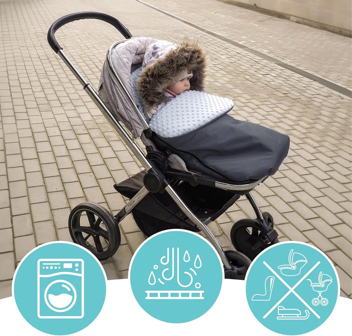 Kinderwagen Voetenzak - Buggy Inleg - Winterse Wandelingen - Waterafstotend - 90x45 cm - Donker Grijs – foto 7