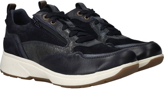Paar donkerblauwe Xsensible veterschoenen met ritssluiting, zilveren details en witte zolen.