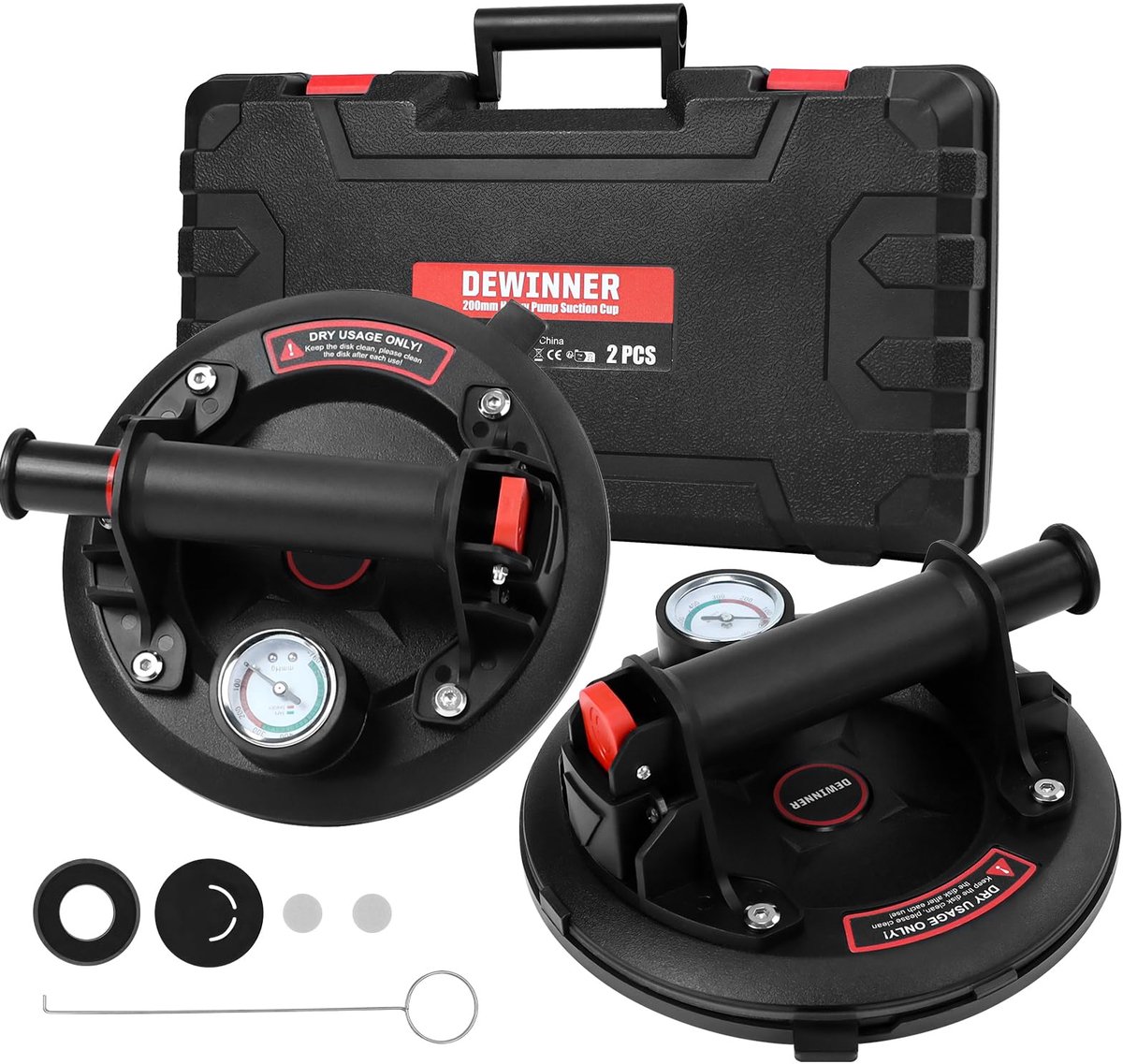 DEWINNER 2 stuks 8" vacuüm zuignap met manometer, zware vacuüm zuignap met handvat lifter, glazen zuignap voor - ShopVlot