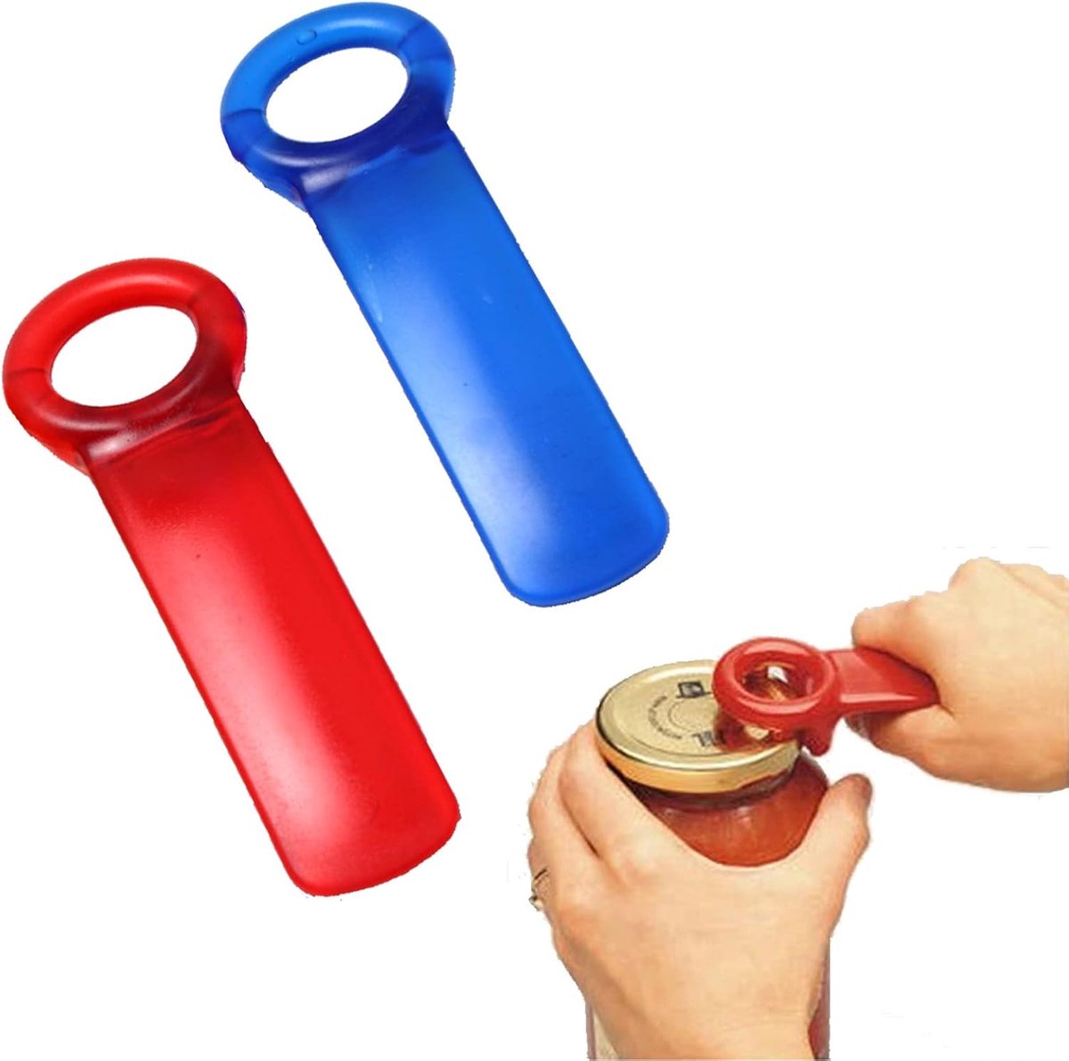 2 stuks‑blikopener‑kunststof praktisch‑blik‑ en flesopener‑handmatig bieropener‑antislip schroefdop‑14x5 cm‑blauw + rood